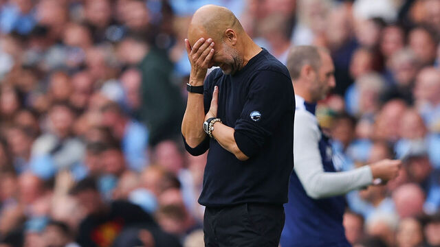 MANCHESTER, ENGLAND - AUGUST 23: Josep 'Pep' Guardiola, head coach of Manchester City, reacts after a missed chance during the Premier League match between Manchester City and Tottenham Hotspur at Etihad Stadium on August 23, 2025 in Manchester, England.