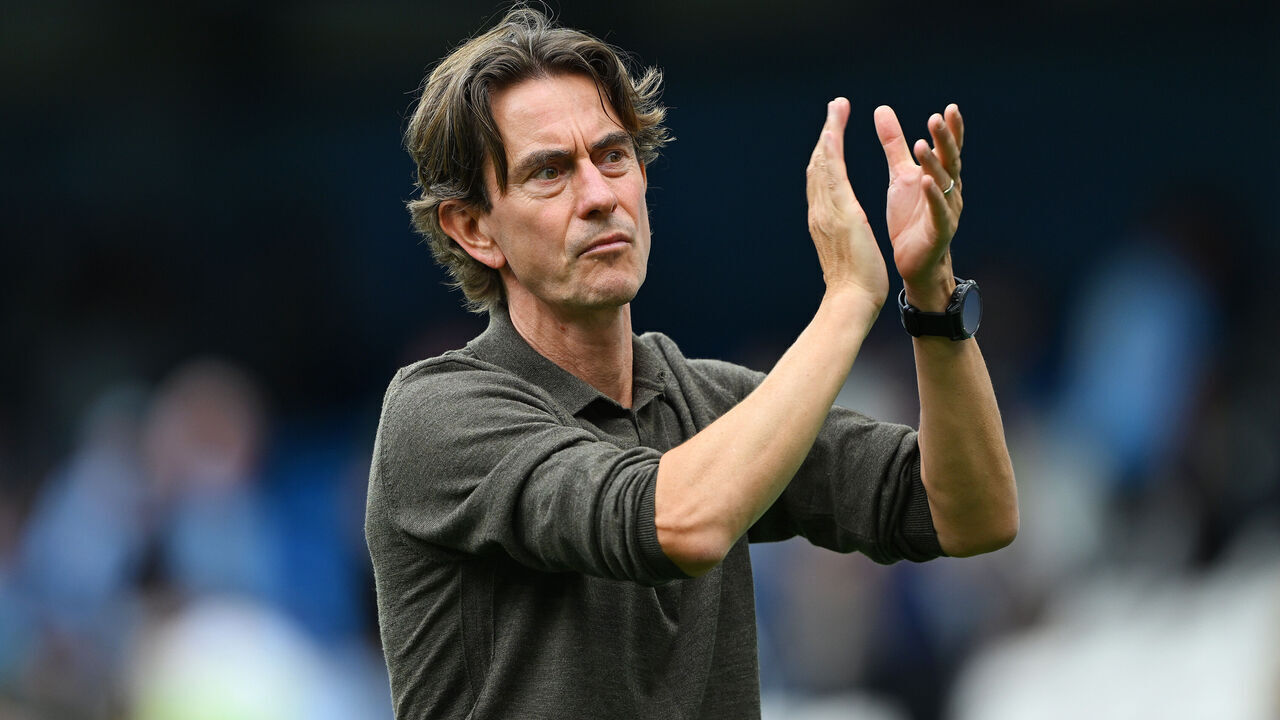 MANCHESTER, ENGLAND - AUGUST 23: Thomas Frank, Manager of Tottenham Hotspur, applauds the fans following the Premier League match between Manchester City and Tottenham Hotspur at Etihad Stadium on August 23, 2025 in Manchester, England.