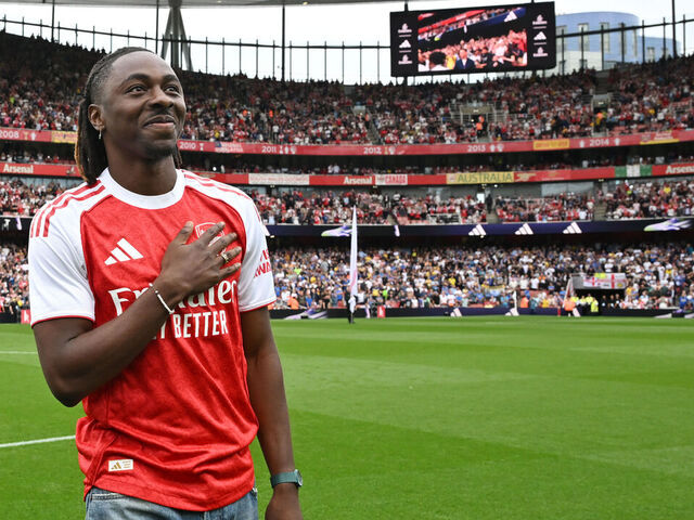 LONDON, ENGLAND - AUGUST 23: Eberechi Eze is presented to the fans prior to the Premier League match between Arsenal and Leeds United at Emirates Stadium on August 23, 2025 in London, England.