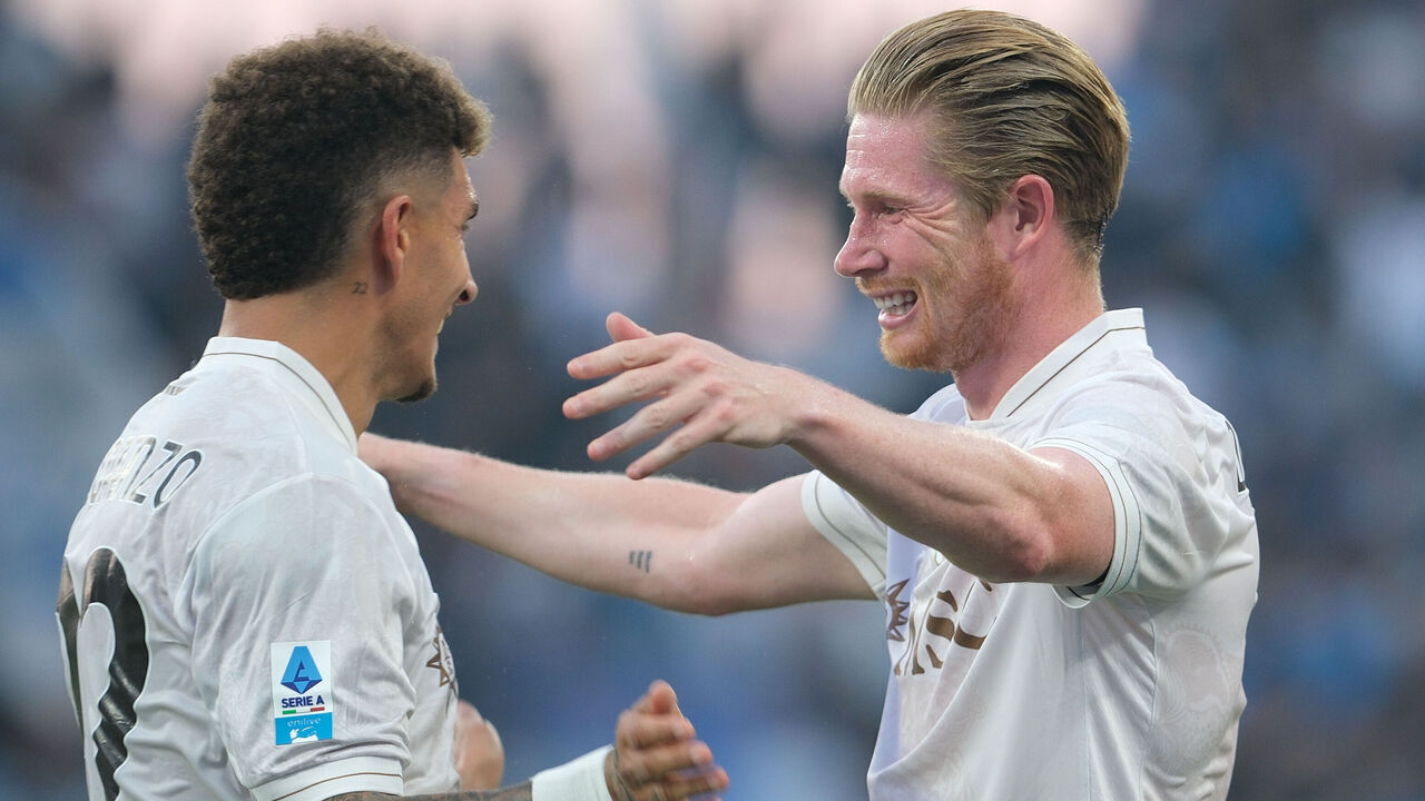 Kevin De Bruyne of SSC Napoli and Giovanni Di Lorenzo of SSC Napoli celebrate after scoring a second goal in the soccer match between US Sassuolo Calcio and SSC Napoli, MD1 of the Serie A Enilive Italian soccer championship 2025/2026 at Mapei Stadium in Reggio Emilia, Italy, on August 23, 2025.