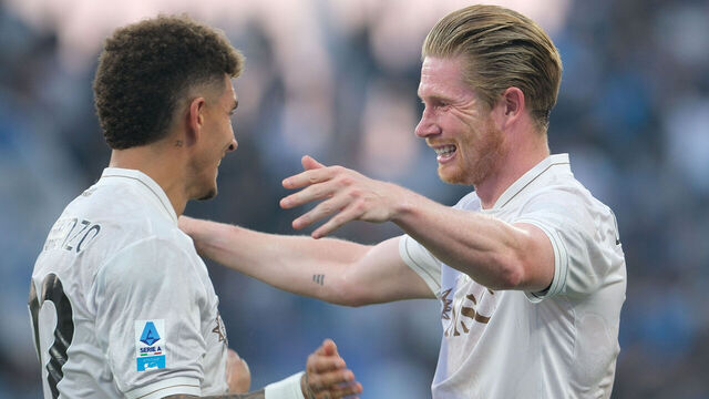 Kevin De Bruyne of SSC Napoli and Giovanni Di Lorenzo of SSC Napoli celebrate after scoring a second goal in the soccer match between US Sassuolo Calcio and SSC Napoli, MD1 of the Serie A Enilive Italian soccer championship 2025/2026 at Mapei Stadium in Reggio Emilia, Italy, on August 23, 2025.