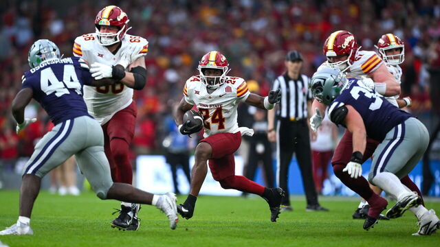 Dublin , Ireland - 23 August 2025; Iowa State Cyclones running back Abu Sama III #24, centre, makes a run during the 2025 Aer Lingus College Football Classic match between Kansas State University and Iowa State University at the Aviva Stadium in Dublin.