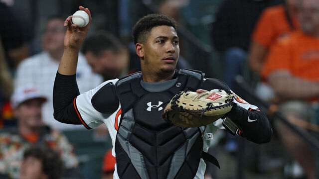 BALTIMORE, MARYLAND - AUGUST 21: Samuel Basallo #29 of the Baltimore Orioles makes a play against the Houston Astros during the second inning at Oriole Park at Camden Yards on August 21, 2025 in Baltimore, Maryland.