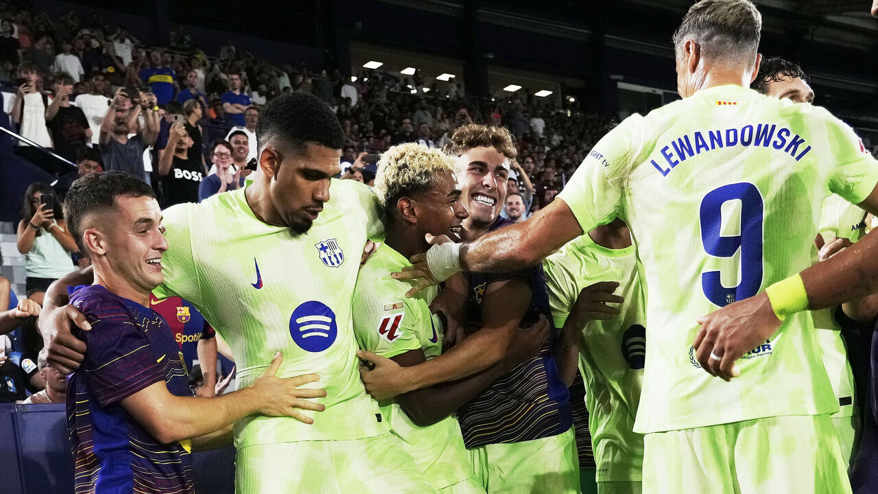 Lamine Yamal right winger of Barcelona and Spain celebrates after scoring his sides first goal during the LaLiga EA Sports match between Levante UD and FC Barcelona at Ciutat de Valencia on August 23, 2025 in Valencia, Spain.
