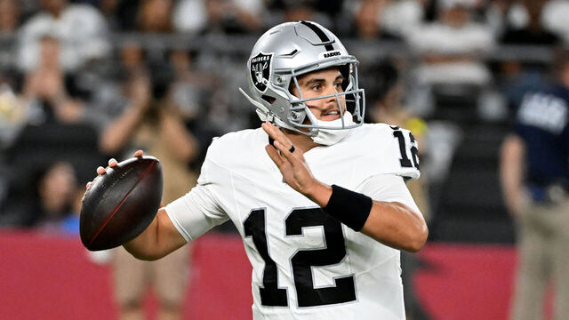 GLENDALE, ARIZONA - AUGUST 23: Aidan O'Connell #12 of the Las Vegas Raiders throws a first quarter pass against the Arizona Cardinals during the NFL preseason 2025 game at State Farm Stadium on August 23, 2025 in Glendale, Arizona.