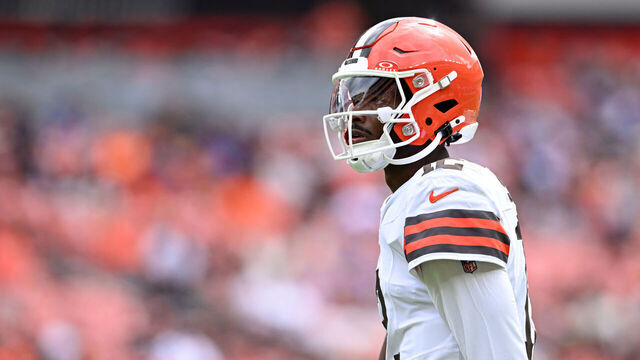 CLEVELAND, OHIO - AUGUST 23: Shedeur Sanders #12 of the Cleveland Browns looks on during the fourth quarter of an NFL Preseason 2025 game against the Los Angeles Rams at Huntington Bank Field on August 23, 2025 in Cleveland, Ohio.