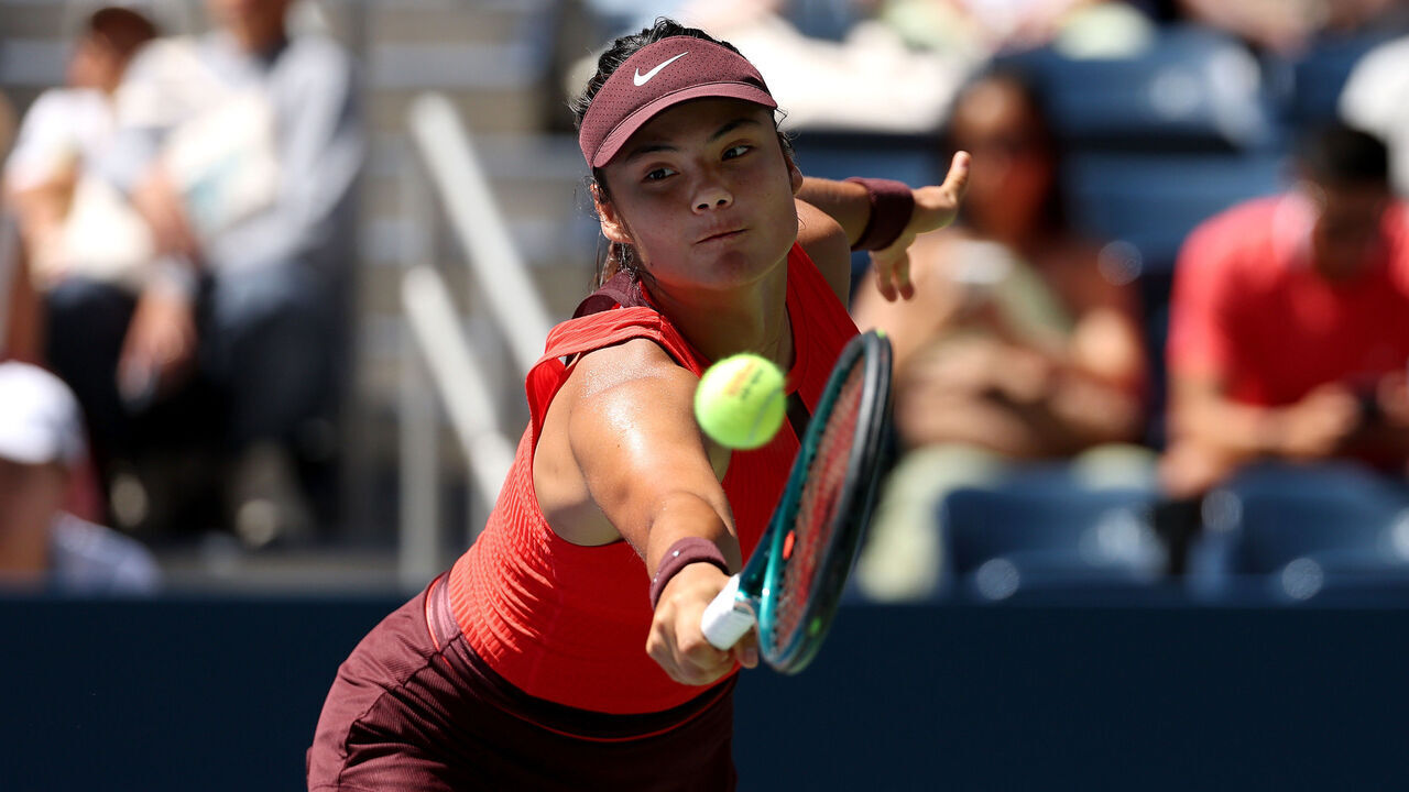 NEW YORK, NEW YORK - AUGUST 24: Emma Raducanu of Great Britain returns against Ena Shibahara of Japan during their Women's Singles First Round match on Day One of the 2025 US Open at USTA Billie Jean King National Tennis Center on August 24, 2025 in the Flushing neighborhood of the Queens borough of New York City.
