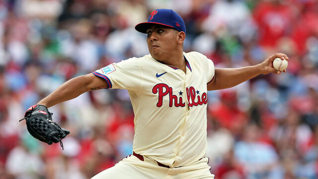 PHILADELPHIA, PENNSYLVANIA - AUGUST 24: Ranger Suarez #55 of the Philadelphia Phillies delivers a pitch in the fifth inning during a game against the Washington Nationals at Citizens Bank Park on August 24, 2025 in Philadelphia, Pennsylvania. The Phillies won 3-2.