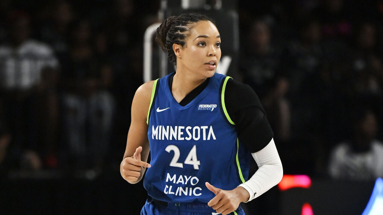 LAS VEGAS, NV - AUGUST 2: Napheesa Collier #24 of the Minnesota Lynx looks on during the game against the Las Vegas Aces during a WNBA game on August 2, 2025 at Michelob ULTRA Arena in Las Vegas, Nevada. Mandatory Copyright Notice: Copyright 2025 NBAE