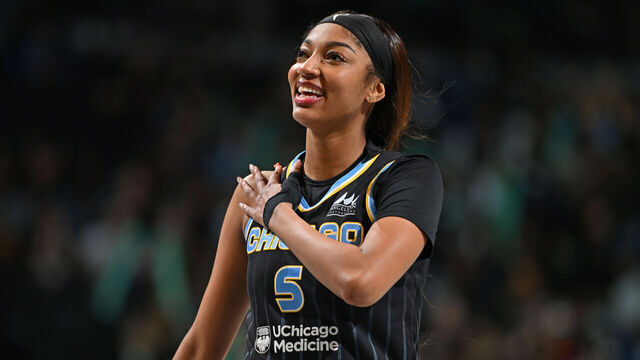 BROOKLYN, NY - AUGUST 21: Angel Reese #5 of the Chicago Sky smiles during the game against the New York Liberty on August 21, 2025 at Barclays Center Arena in Brooklyn, New York. Mandatory Copyright Notice: Copyright 2025 NBAE