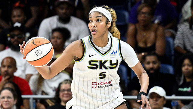 WASHINGTON, DC - JULY 29: Angel Reese #5 of the Chicago Sky handles the ball against the Washington Mystics at Carefirst Arena on July 29, 2025 in Washington, DC.
