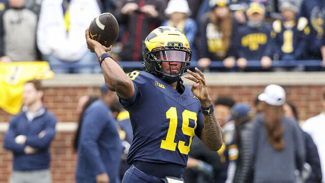 ANN ARBOR, MICHIGAN - APRIL 19: Bryce Underwood #19 of the Michigan Wolverines warms up ahead of the Maize vs. Blue spring football game at Michigan Stadium on April 19, 2025 in Ann Arbor, Michigan.