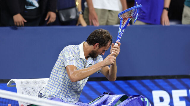 Russia's Daniil Medvedev breaks his racket after losing his men's singles first round tennis match against France's Benjamin Bonzi on day one of the US Open tennis tournament at the USTA Billie Jean King National Tennis Center in New York City, on August 24, 2025.