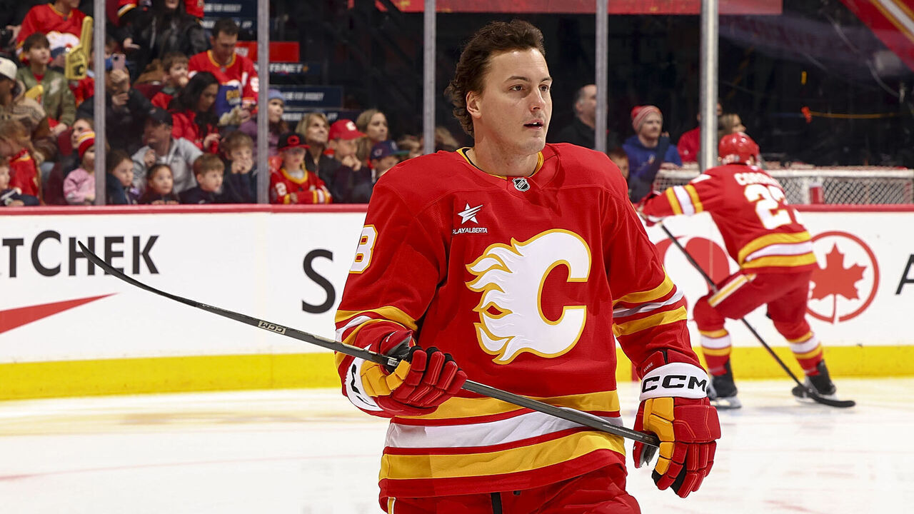 CALGARY, AB - JANUARY 28: Tyson Barrie #8 of the Calgary Flames skates during warmup prior to the game against the Washington Capitals at Scotiabank Saddledome on January 28, 2025 in Calgary, Alberta, Canada.