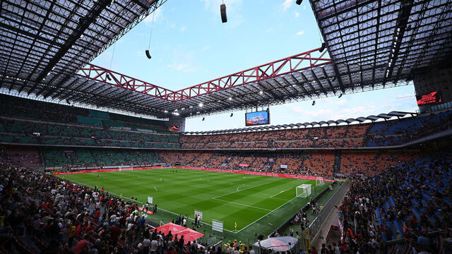 MILAN, ITALY - AUGUST 23: General view inside the stadium with the fans and supporters prior to the Serie A match between AC Milan and US Cremonese at Giuseppe Meazza Stadium on August 23, 2025 in Milan, Italy.