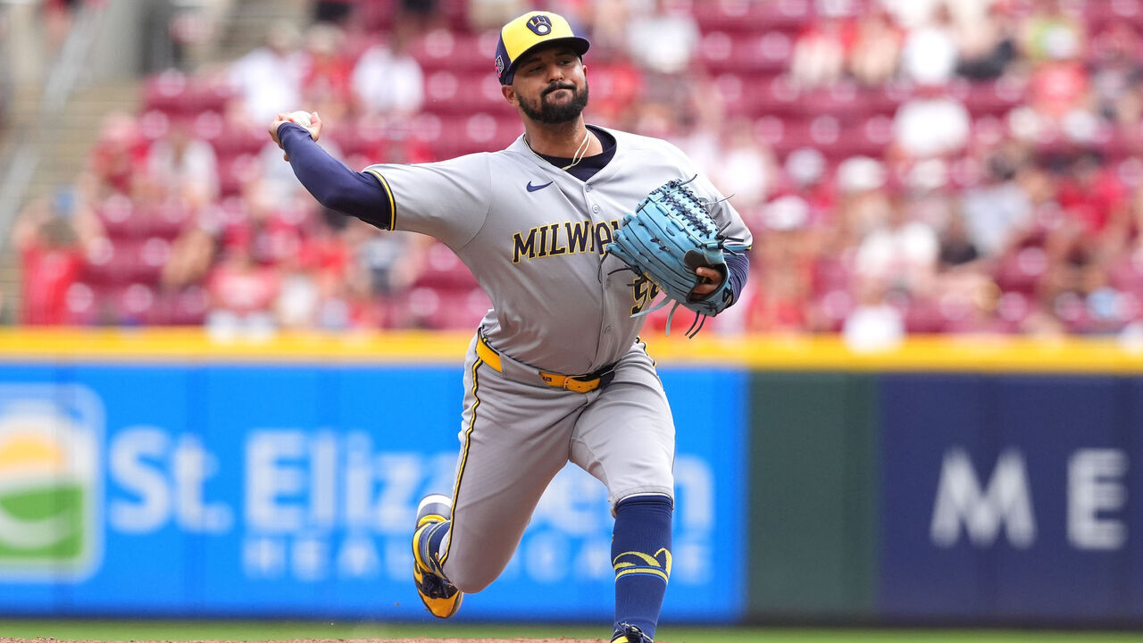 CINCINNATI, OHIO - AUGUST 17: Grant Anderson #56 of the Milwaukee Brewers pitches during the tenth inning against the Cincinnati Reds at Great American Ball Park on August 17, 2025 in Cincinnati, Ohio.