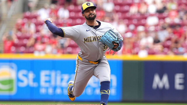 CINCINNATI, OHIO - AUGUST 17: Grant Anderson #56 of the Milwaukee Brewers pitches during the tenth inning against the Cincinnati Reds at Great American Ball Park on August 17, 2025 in Cincinnati, Ohio.