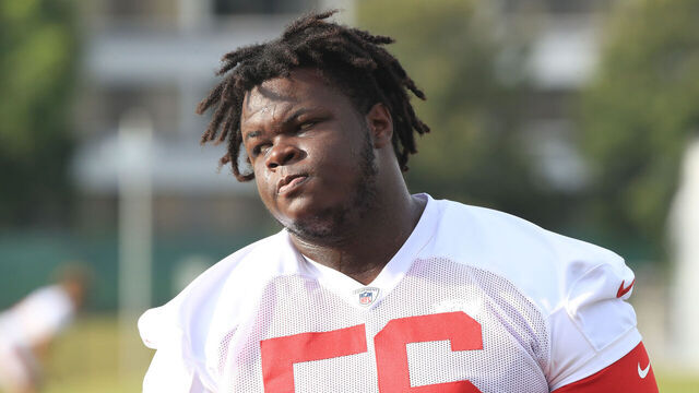 TAMPA, FL - AUGUST 02: Tampa Bay Buccaneers Defensive Lineman Desmond Watson (56) go thru a drill during the Training Camp work out on August 02, 2025 at the AdventHealth Training Center at One Buccaneer Place in Tampa, Florida.