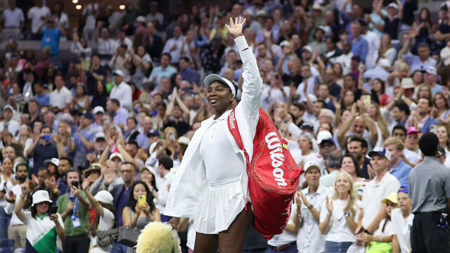 NEW YORK, NEW YORK - AUGUST 25: Venus Williams of the United States acknowledges the crowd as she leaves the court after losing to Karolina Muchova of Czech Republic during their Women's Singles First Round match on Day Two of the 2025 US Open at USTA Billie Jean King National Tennis Center on August 25, 2025 in the Flushing neighborhood of the Queens borough of New York City.