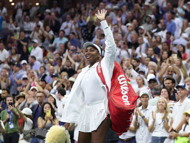 NEW YORK, NEW YORK - AUGUST 25: Venus Williams of the United States acknowledges the crowd as she leaves the court after losing to Karolina Muchova of Czech Republic during their Women's Singles First Round match on Day Two of the 2025 US Open at USTA Billie Jean King National Tennis Center on August 25, 2025 in the Flushing neighborhood of the Queens borough of New York City.