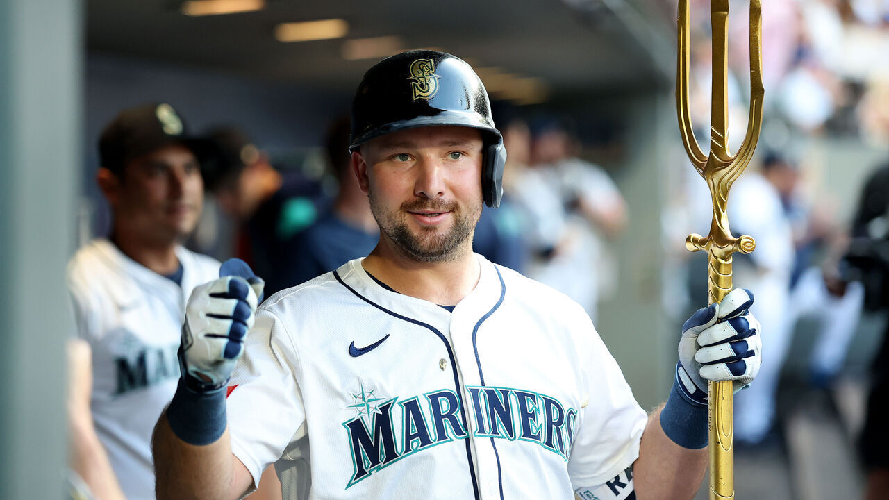 SEATTLE, WASHINGTON - AUGUST 25: Cal Raleigh #29 of the Seattle Mariners celebrates after his solo home run, his 50th of the regular season, against the San Diego Padres during the first inning at T-Mobile Park on August 25, 2025 in Seattle, Washington.