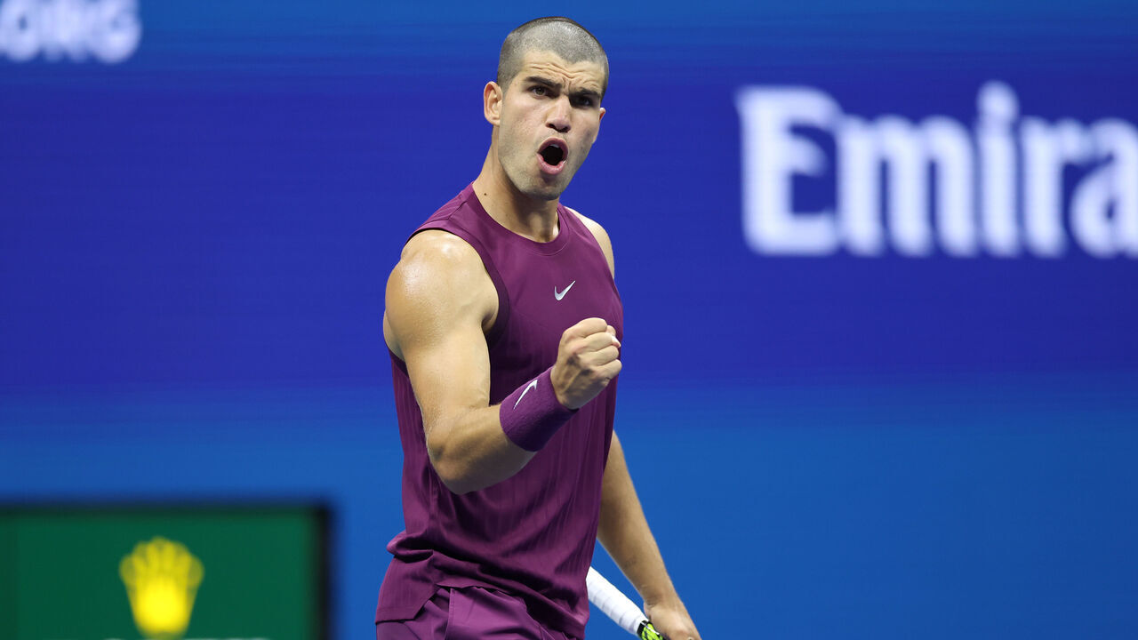NEW YORK, NEW YORK - AUGUST 25: Carlos Alcaraz of Spain celebrates after winning the second set against Reilly Opelka of the United States during their Men's Singles First Round match on Day Two of the 2025 US Open at USTA Billie Jean King National Tennis Center on August 25, 2025 in the Flushing neighborhood of the Queens borough of New York City.