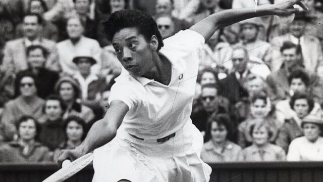 UNDATED: Althea Gibson of the United States plays during Wimbledon in 1956. Gibson, the first black person to win Wimbledon and the U.S. national title, died September 28, 2003 at the age of 76.