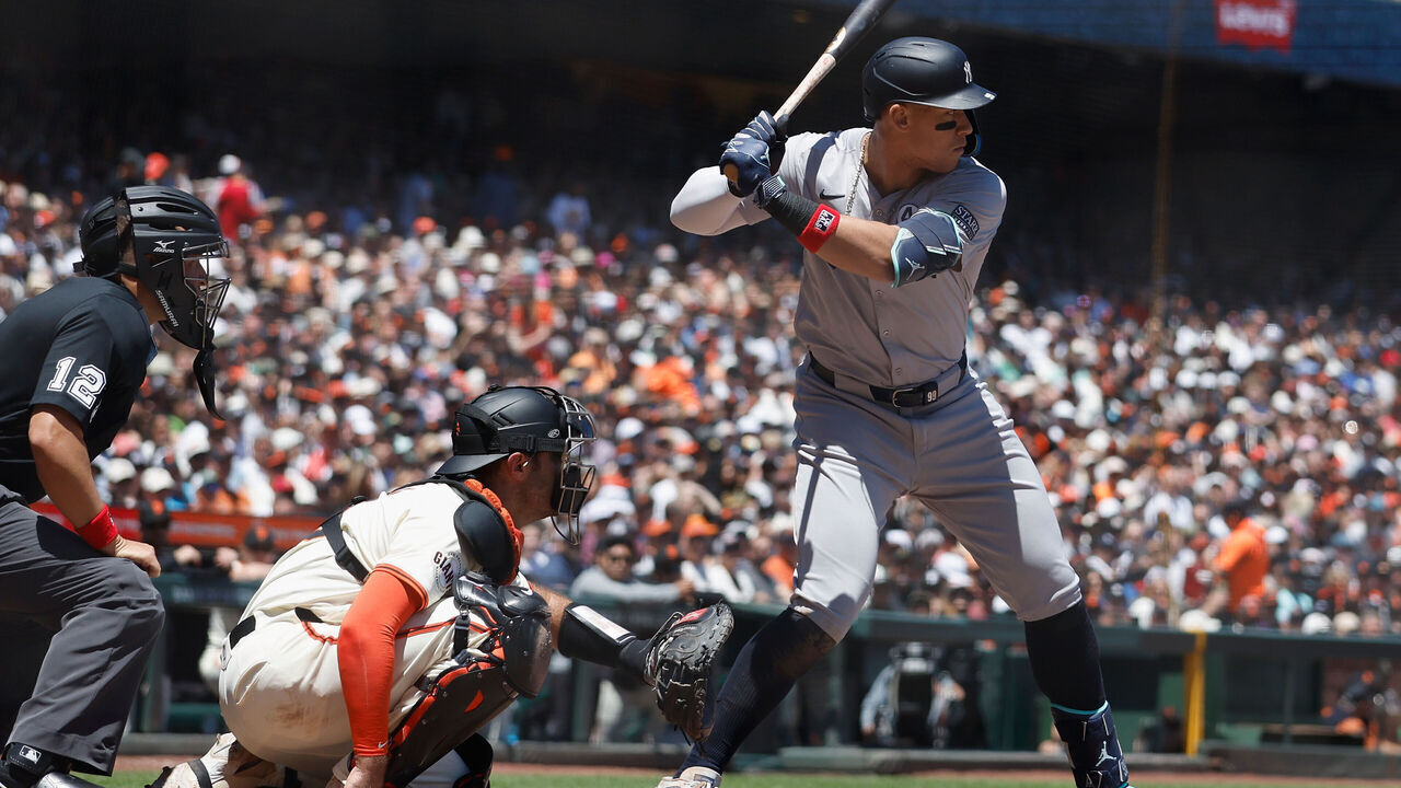 SAN FRANCISCO, CA - JUNE 02: Aaron Judge #99 of the New York Yankees bats during the game between the New York Yankees and the San Francisco Giants at Oracle Park on Sunday, June 2, 2024 in San Francisco, California.