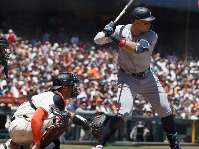 SAN FRANCISCO, CA - JUNE 02: Aaron Judge #99 of the New York Yankees bats during the game between the New York Yankees and the San Francisco Giants at Oracle Park on Sunday, June 2, 2024 in San Francisco, California.