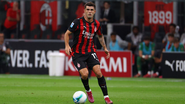 MILAN, ITALY - AUGUST 23: Christian Pulisic of AC Milan runs with the ball during the Serie A match between AC Milan and US Cremonese at Giuseppe Meazza Stadium on August 23, 2025 in Milan, Italy.