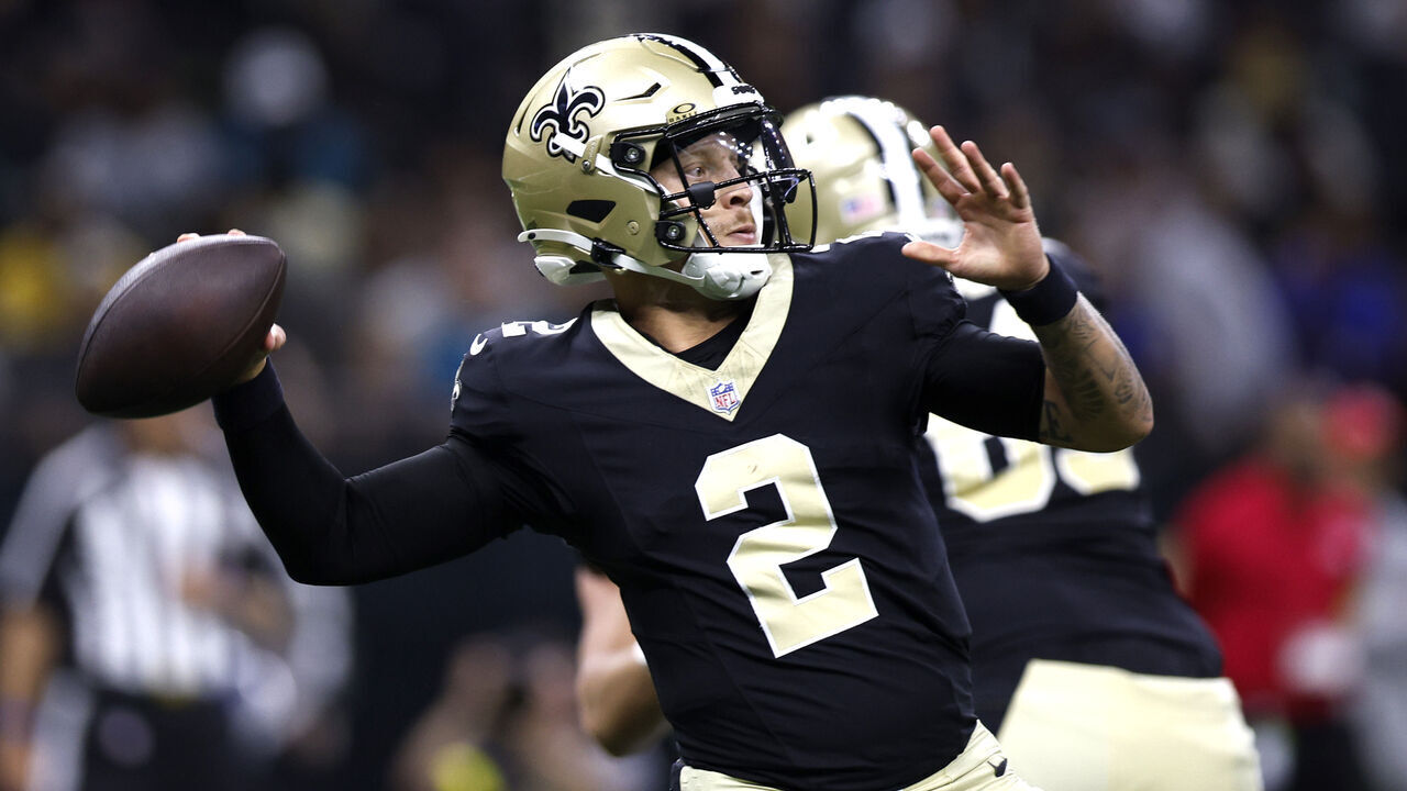 NEW ORLEANS, LOUISIANA - AUGUST 17: Spencer Rattler #2 of the New Orleans Saints looks to pass during the third quarter of a NFL Preseason 2025 against the Jacksonville Jaguars at Caesars Superdome on August 17, 2025 in New Orleans, Louisiana.