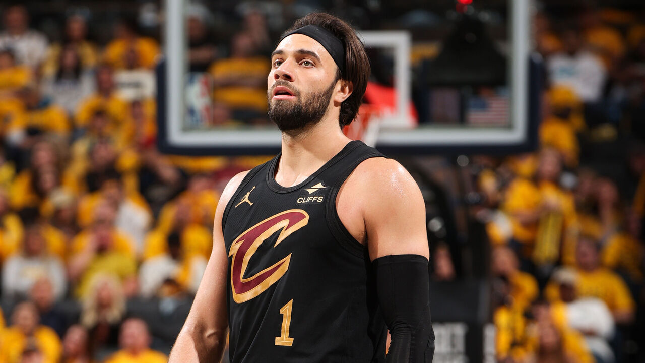 INDIANAPOLIS, IN - MAY 9: Max Strus #1 of the Cleveland Cavaliers looks on during the game against the Indiana Pacers during Round 2 Game 3 on May 9, 2025 at Gainbridge Fieldhouse in Indianapolis, Indiana. Mandatory Copyright Notice: Copyright 2025 NBAE