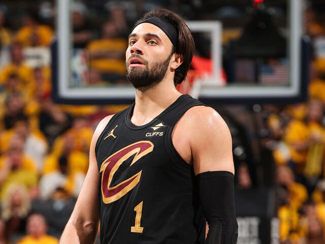 INDIANAPOLIS, IN - MAY 9: Max Strus #1 of the Cleveland Cavaliers looks on during the game against the Indiana Pacers during Round 2 Game 3 on May 9, 2025 at Gainbridge Fieldhouse in Indianapolis, Indiana. Mandatory Copyright Notice: Copyright 2025 NBAE