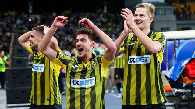 ALMATY, KAZAKHSTAN - AUGUST 26: Kairat's Jorginho (C) and Egor Sorokin celebrate at full time during a UEFA Champions League Play-Off Secong Leg match between Kairat Almaty and Celtic at the Almaty Ortalyk Stadion, on August 26, 2025, in Almaty, Kazakhstan.