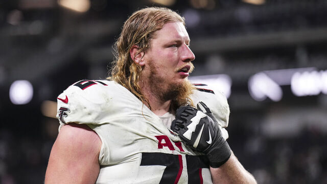 LAS VEGAS, NV - DECEMBER 16: Kaleb McGary #76 of the Atlanta Falcons celebrates after an NFL football game against the Las Vegas Raiders at Allegiant Stadium on December 16, 2024 in Las Vegas, Nevada.