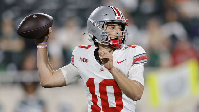 EAST LANSING, MICHIGAN - SEPTEMBER 28: Julian Sayin #10 of the Ohio State Buckeyes drops back to pass during the second half against the Michigan State Spartans at Spartan Stadium on September 28, 2024 in East Lansing, Michigan.