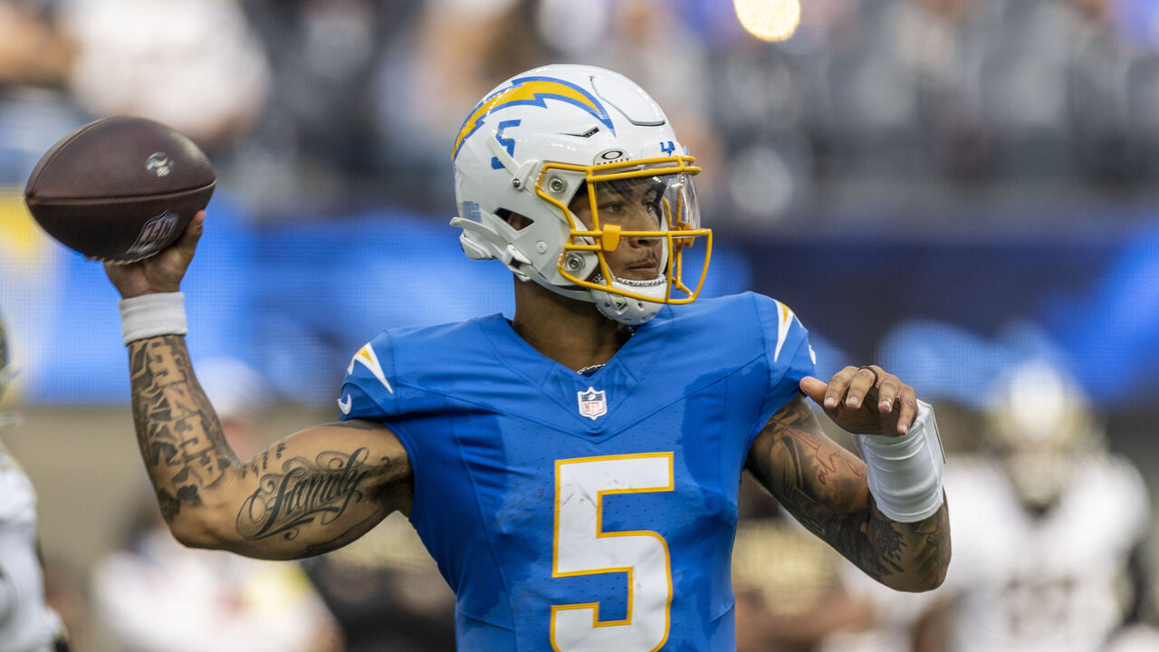 INGLEWOOD, CA - AUGUST 10: Los Angeles Chargers quarterback Trey Lance (5) throws a pass in the third quarter of an NFL preseason football game between the New Orleans Saints and the Los Angeles Chargers, Sunday, Aug. 10, 2025, in Inglewood, California.
