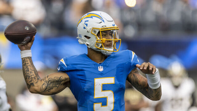 INGLEWOOD, CA - AUGUST 10: Los Angeles Chargers quarterback Trey Lance (5) throws a pass in the third quarter of an NFL preseason football game between the New Orleans Saints and the Los Angeles Chargers, Sunday, Aug. 10, 2025, in Inglewood, California.
