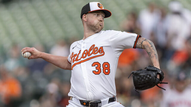 BALTIMORE, MD - AUGUST 26: Baltimore Orioles pitcher Kyle Bradish (38) throws a pitch during the game between the Boston Red Sox and the Baltimore Orioles on August 25, 2025 at Orioles Park at Camden Yards in Baltimore, MD.