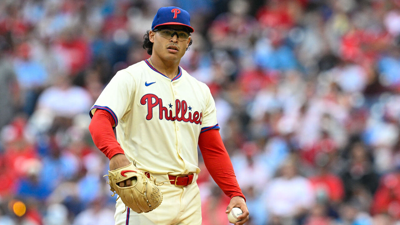 PHILADELPHIA, PA - AUGUST 20: Philadelphia Phillies pitcher Jesús Luzardo (44) looks on during the game between the Seattle Mariners and the Philadelphia Phillies on August 20th, 2025 at Citizens Bank Park in Philadelphia, PA.