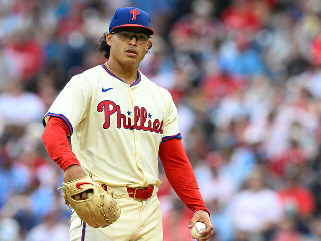 PHILADELPHIA, PA - AUGUST 20: Philadelphia Phillies pitcher Jesús Luzardo (44) looks on during the game between the Seattle Mariners and the Philadelphia Phillies on August 20th, 2025 at Citizens Bank Park in Philadelphia, PA.