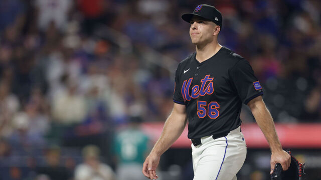 NEW YORK, NY - AUGUST 15: Ryan Helsley #56 of the New York Mets looks on during the game between the Seattle Mariners and the New York Mets at Citi Field on Friday, August 15, 2025 in New York, New York.