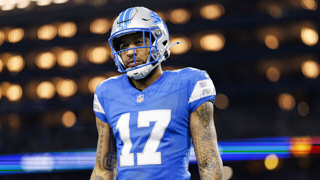 DETROIT, MICHIGAN - JANUARY 18: Wide receiver Tim Patrick #17 of the Detroit Lions stands on the field during an NFL football divisional playoff game against the Washington Commanders, at Ford Field on January 18, 2025 in Detroit, Michigan.