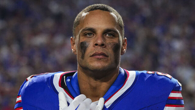ORCHARD PARK, NY - OCTOBER 26: Jordan Poyer #21 of the Buffalo Bills looks on from the sideline prior to an NFL football game against the Tampa Bay Buccaneers at Highmark Stadium on October 26, 2023 in Orchard Park, New York.