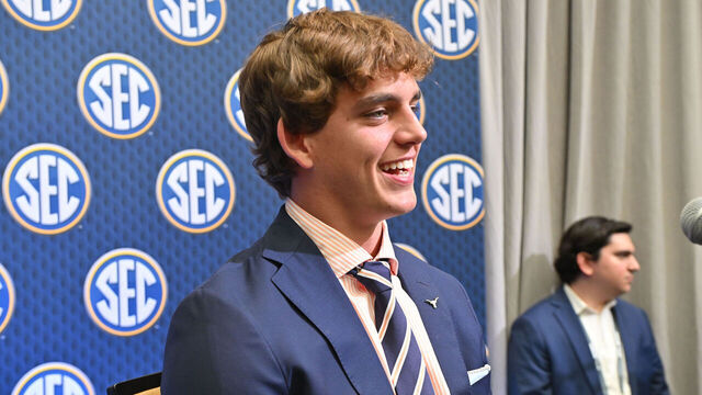 ATLANTA, GA - JULY 15: Texas Longhorns quarterback Arch Manning (16) addresses the media during SEC Football Media Days on July 15, 2025, at the College Football Hall of Fame in Atlanta, GA.