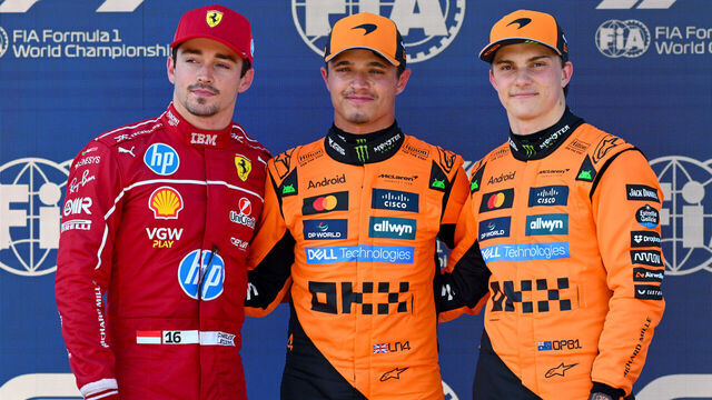SPIELBERG, AUSTRIA - JUNE 28: Pole position qualifier Lando Norris of Great Britain and McLaren Second placed qualifier Charles Leclerc of Monaco and Scuderia Ferrari and Third placed qualifier Oscar Piastri of Australia and McLaren during qualifying ahead of the F1 Grand Prix of Austria at Red Bull Ring on June 28, 2025 in Spielberg, Austria.