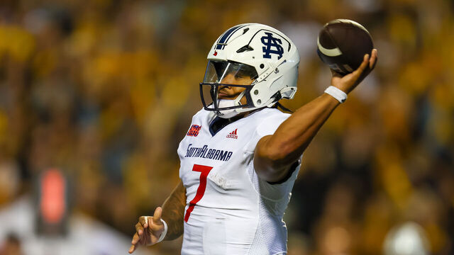 BOONE, NORTH CAROLINA - SEPTEMBER 19: Gio Lopez #7 of the South Alabama Jaguars looks to pass the ball during the first half of a football game against the Appalachian State Mountaineers at Kidd Brewer Stadium on September 19, 2024 in Boone, North Carolina.