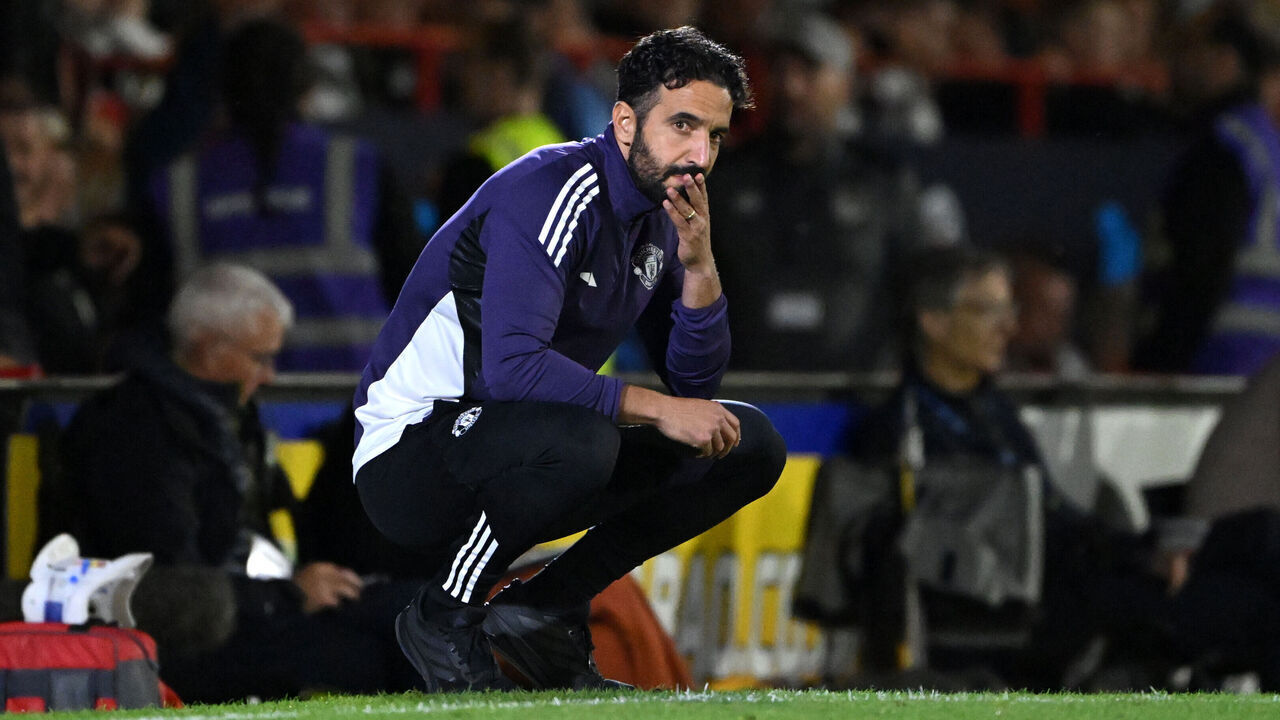 GRIMSBY, ENGLAND - AUGUST 27: Ruben Amorim, Manager of Manchester United, looks dejected after his team concede during the Carabao Cup Second Round match between Grimsby Town and Manchester United at Blundell Park on August 27, 2025 in Grimsby, England.