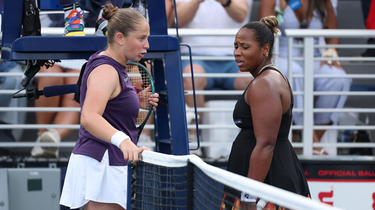 NEW YORK, NEW YORK - AUGUST 27: Taylor Townsend of the United States (R) greets Jelena Ostapenko of Latvia during their Women's Singles Second Round match on Day Four of the 2025 US Open at USTA Billie Jean King National Tennis Center on August 27, 2025 in the Flushing neighborhood of the Queens borough of New York City.