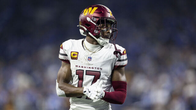 DETROIT, MICHIGAN - JANUARY 18: Terry McLaurin #17 of the Washington Commanders looks on during an NFL Football game against the Detroit Lions at Ford Field on January 18, 2025 in Detroit, Michigan.